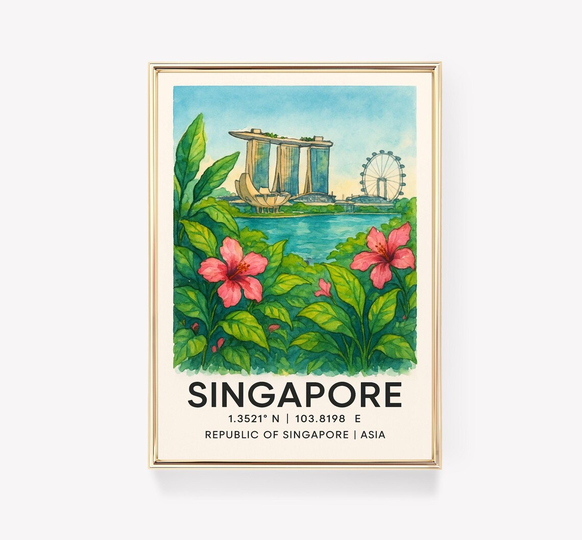 Singapore Marina Bay Sands Hotel Watercolor Asia Travel Poster