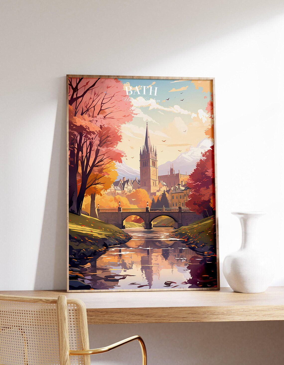 Bath United Kingdom Autumn River Bridge Historic Town Travel Poster