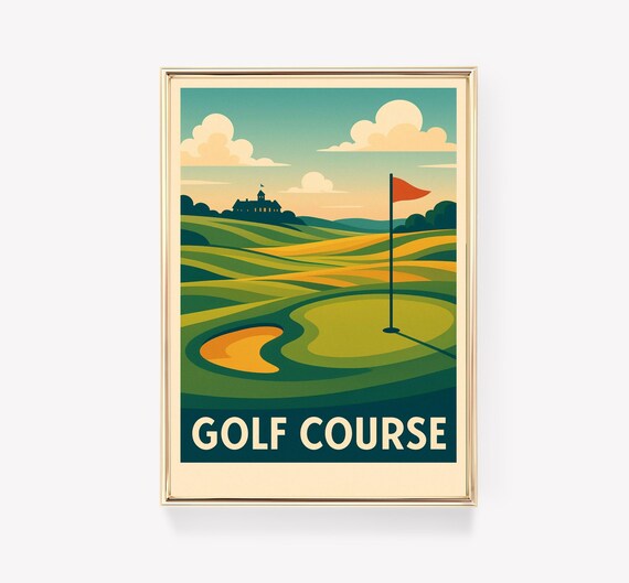 Golf Course Vintage Travel Poster Green Fairway Flag Clubhouse Art