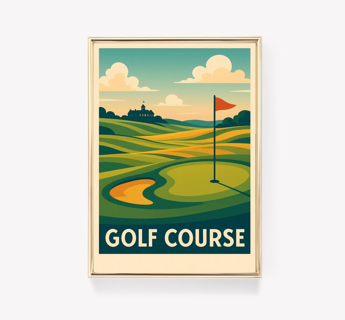 Golf Course Vintage Travel Poster Green Fairway Flag Clubhouse Art