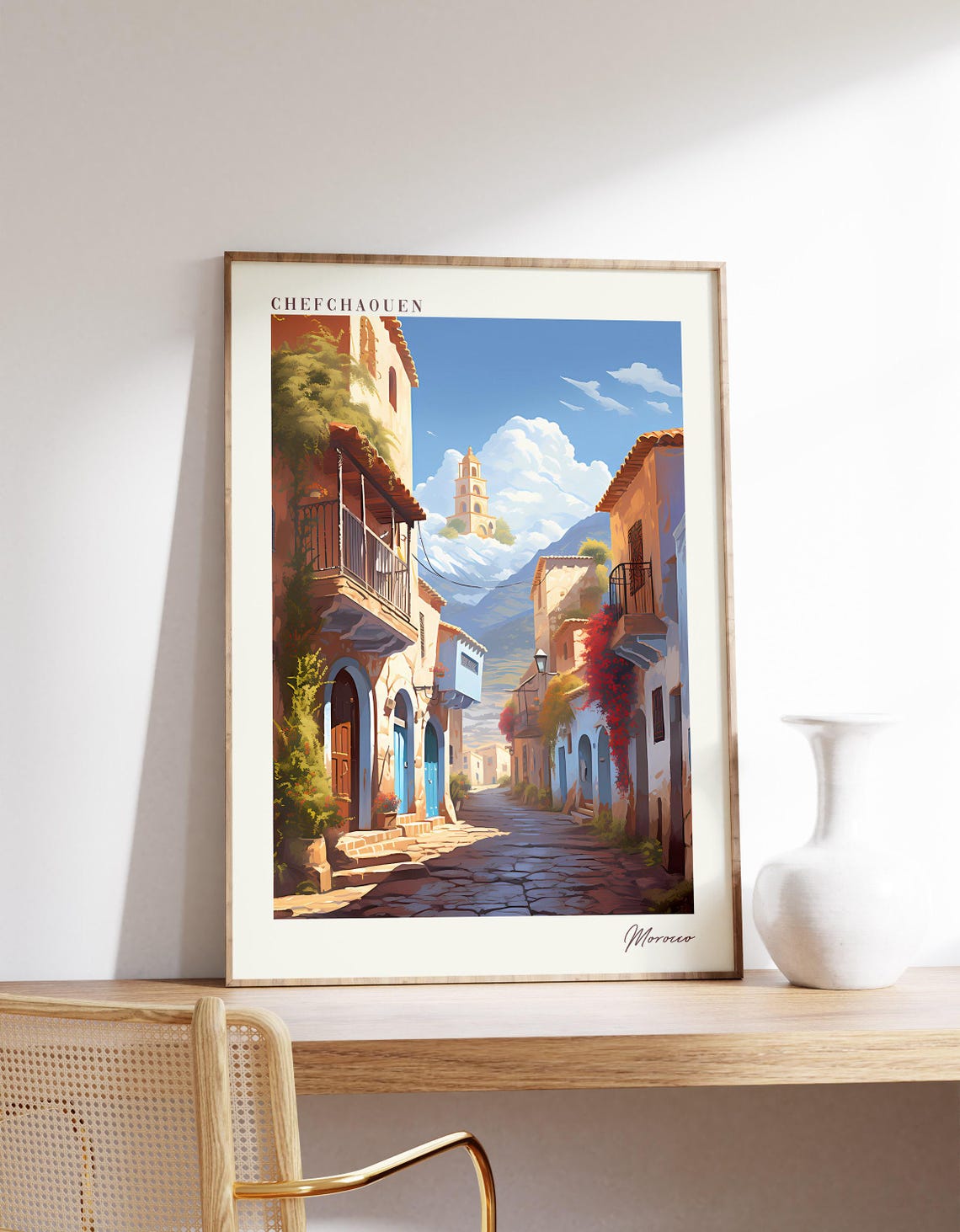 Chefchaouen Morocco Blue Door Alley Mountain Town Travel Poster