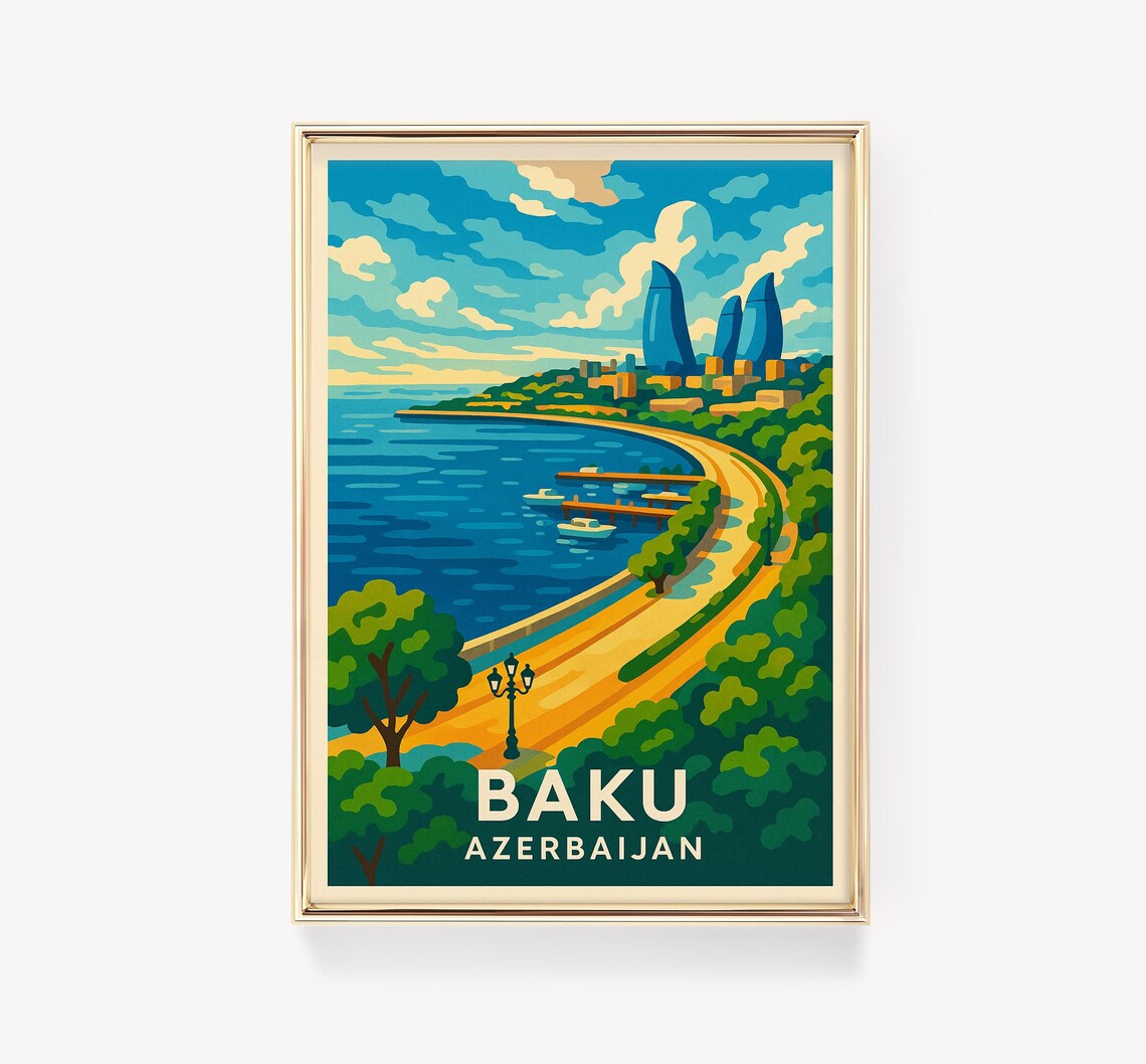 Baku Poster, Azerbaijan Coastline Travel Poster