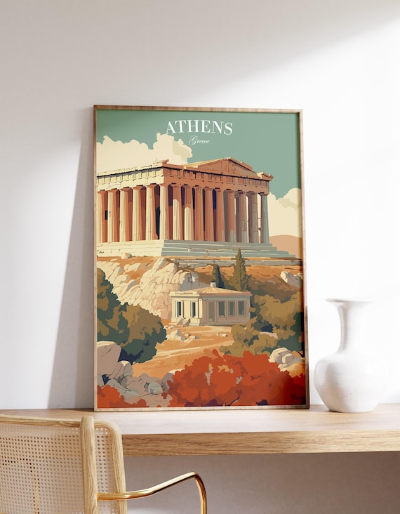 Athens Parthenon Ancient Temple Retro Sunset Landscape Travel Poster