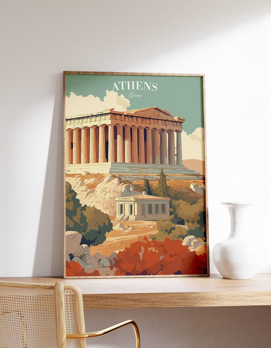 Athens Parthenon Ancient Temple Retro Sunset Landscape Travel Poster