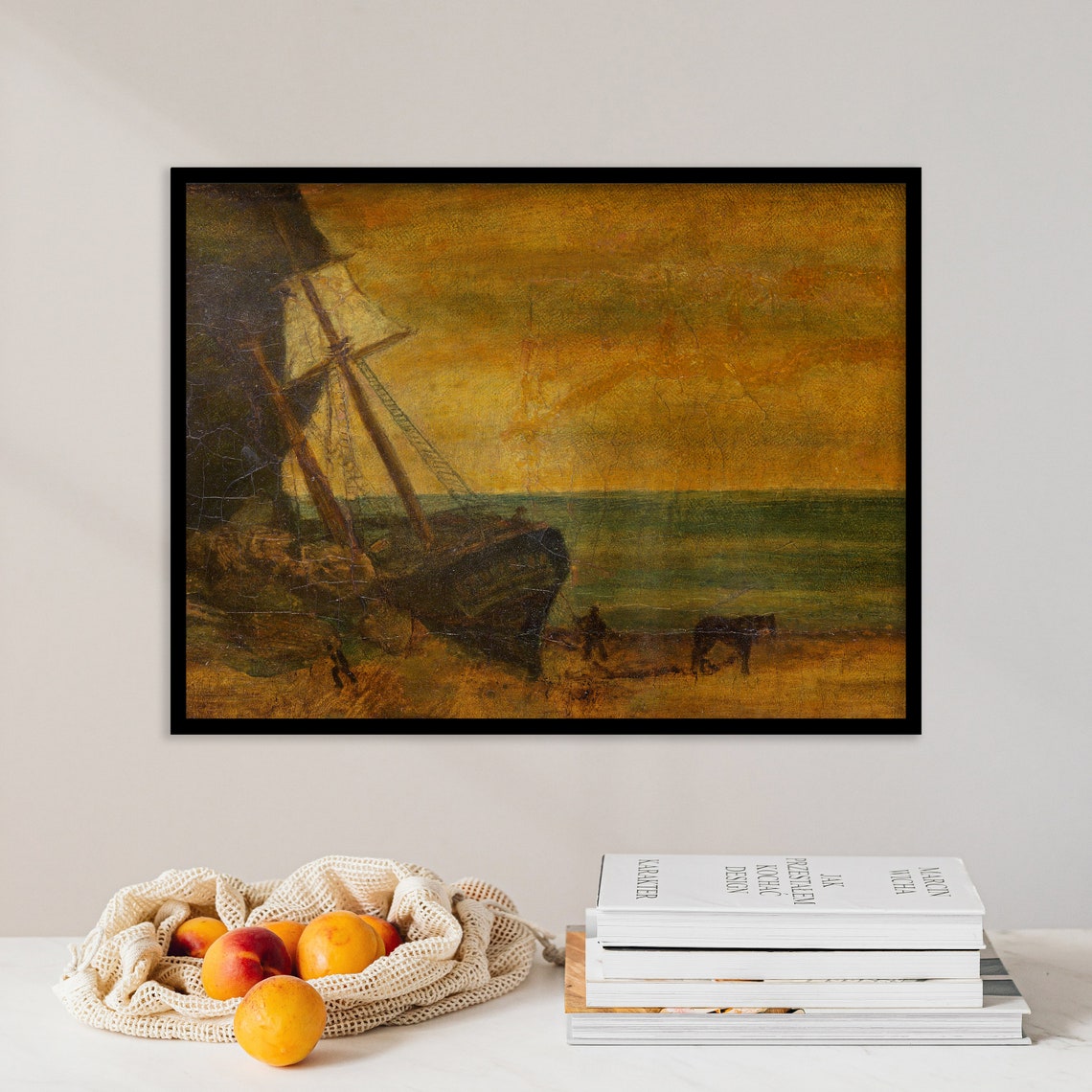 Shipwreck On Golden Beach Sailing Ship Stranded Dramatic Sea Poster