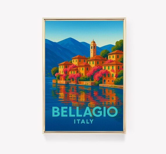 Bellagio Italy Retro Lakeside Village Bold Color Travel Poster