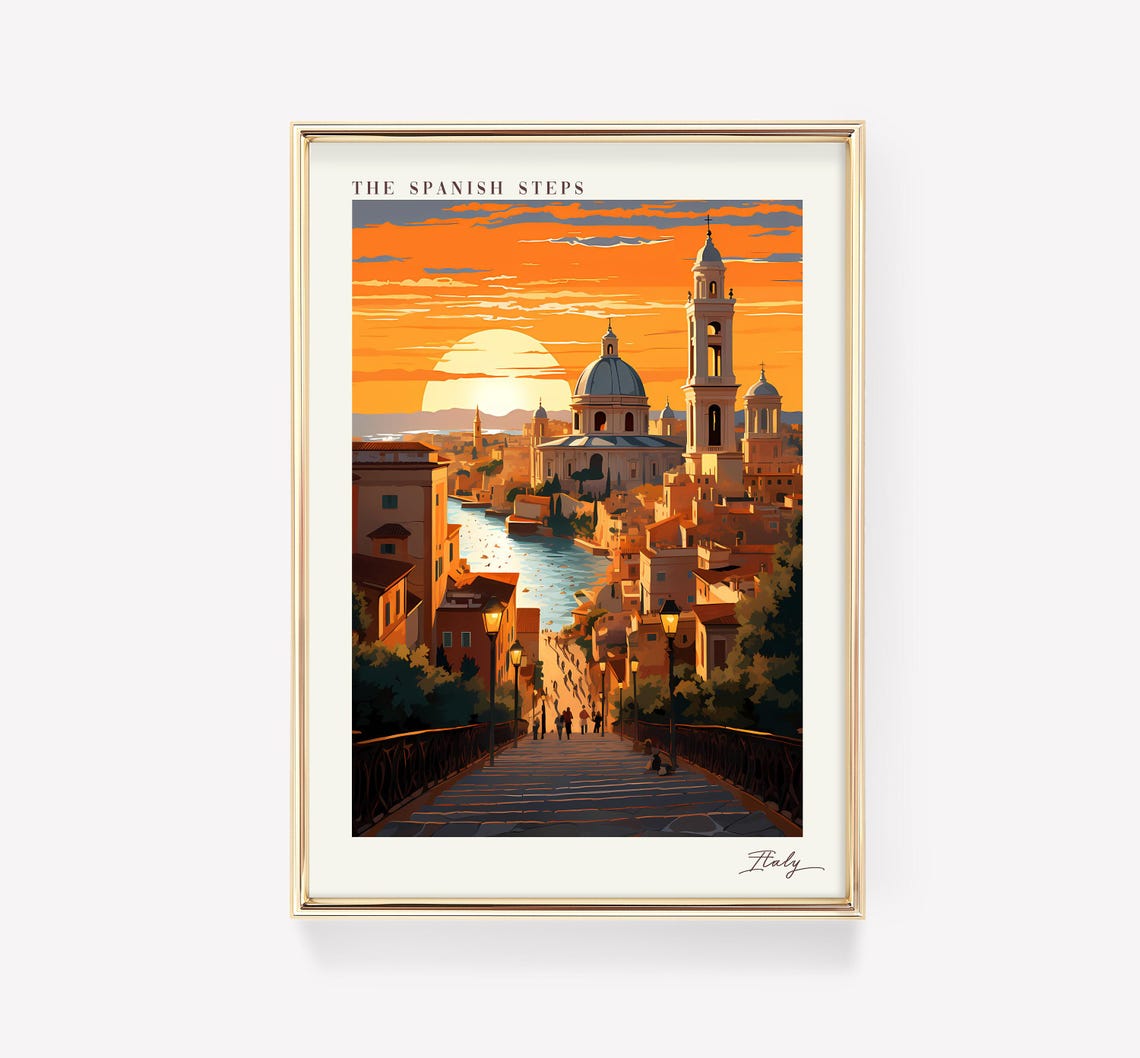 The Spanish Steps Rome Italy Travel Poster Sunset Rooftop Artwork
