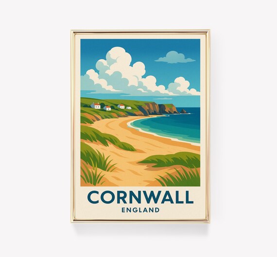 Cornwall England Sandy Beach Seaside Cliffs Retro Travel Poster