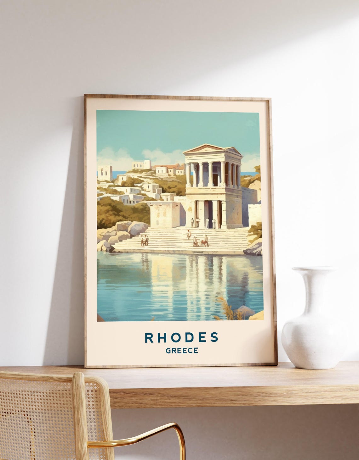 Rhodes Greece Ancient Temple Waterfront Steps Vintage Travel Poster