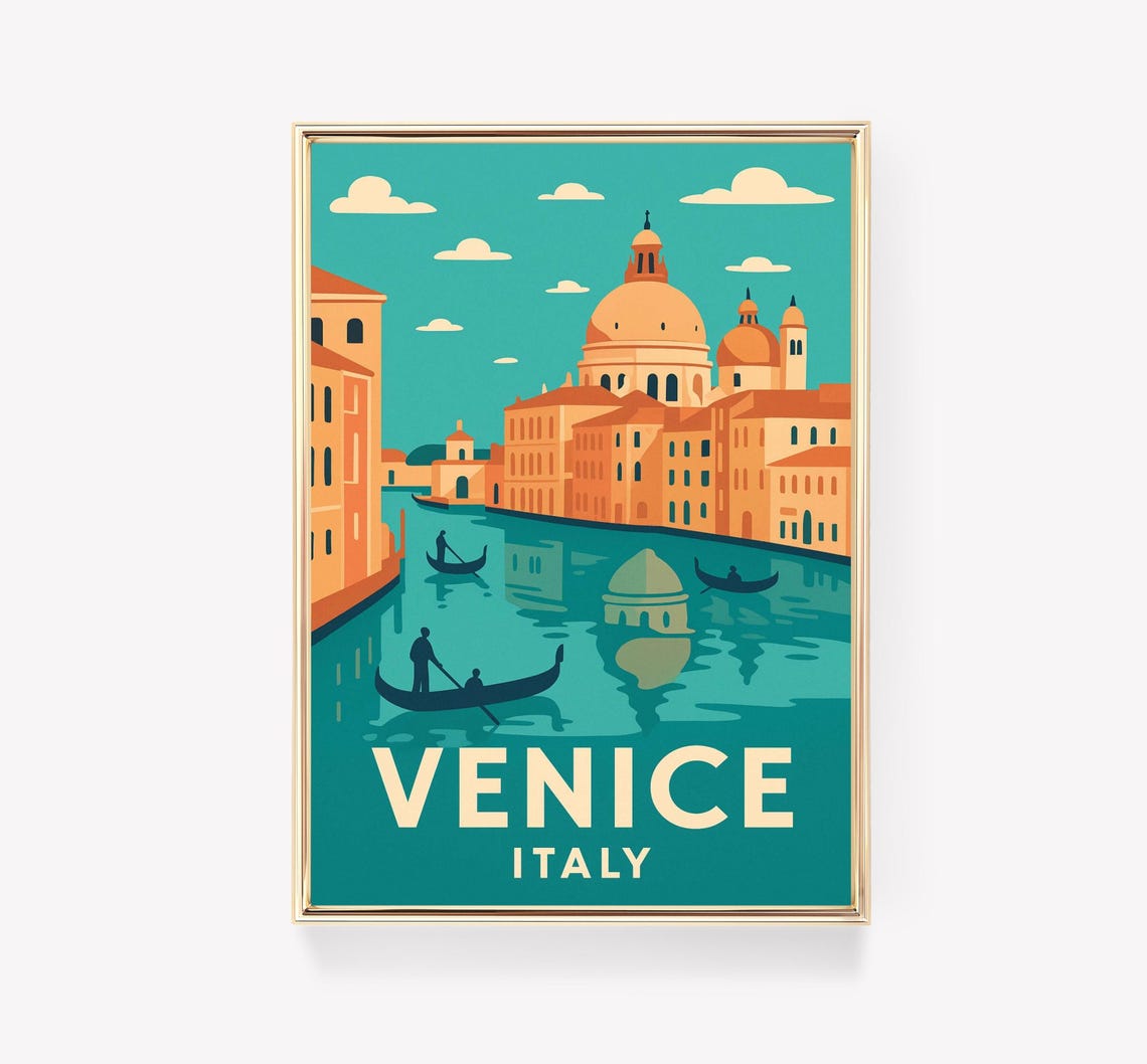 Venice Italy Grand Canal Gondolas Vintage Retro Travel Poster