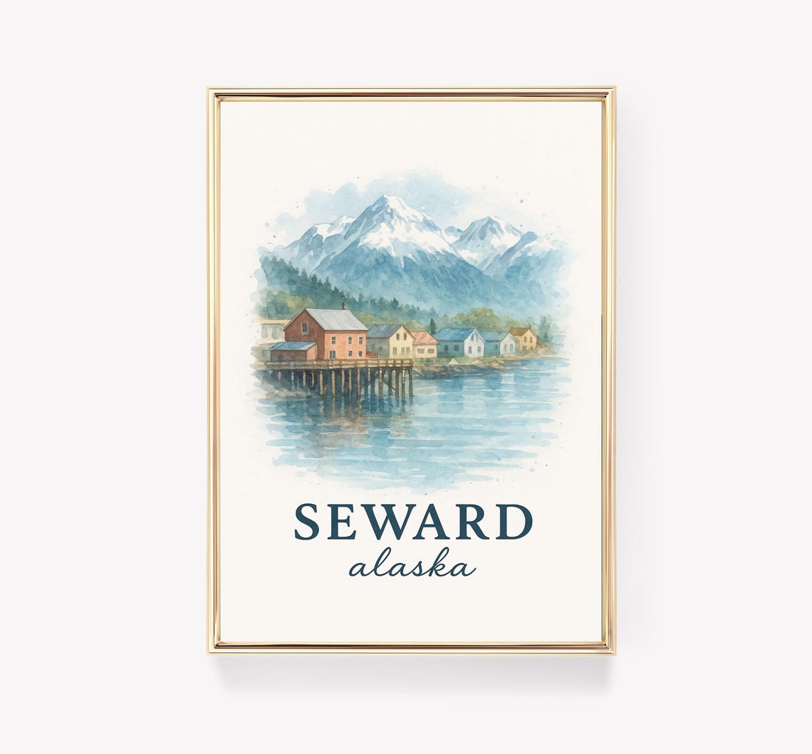 Seward Alaska Watercolor Harbor Town Snowy Mountains Art Poster