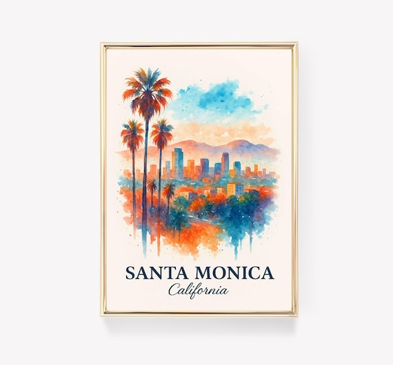 Santa Monica California Palm Trees Skyline Watercolor Art Poster