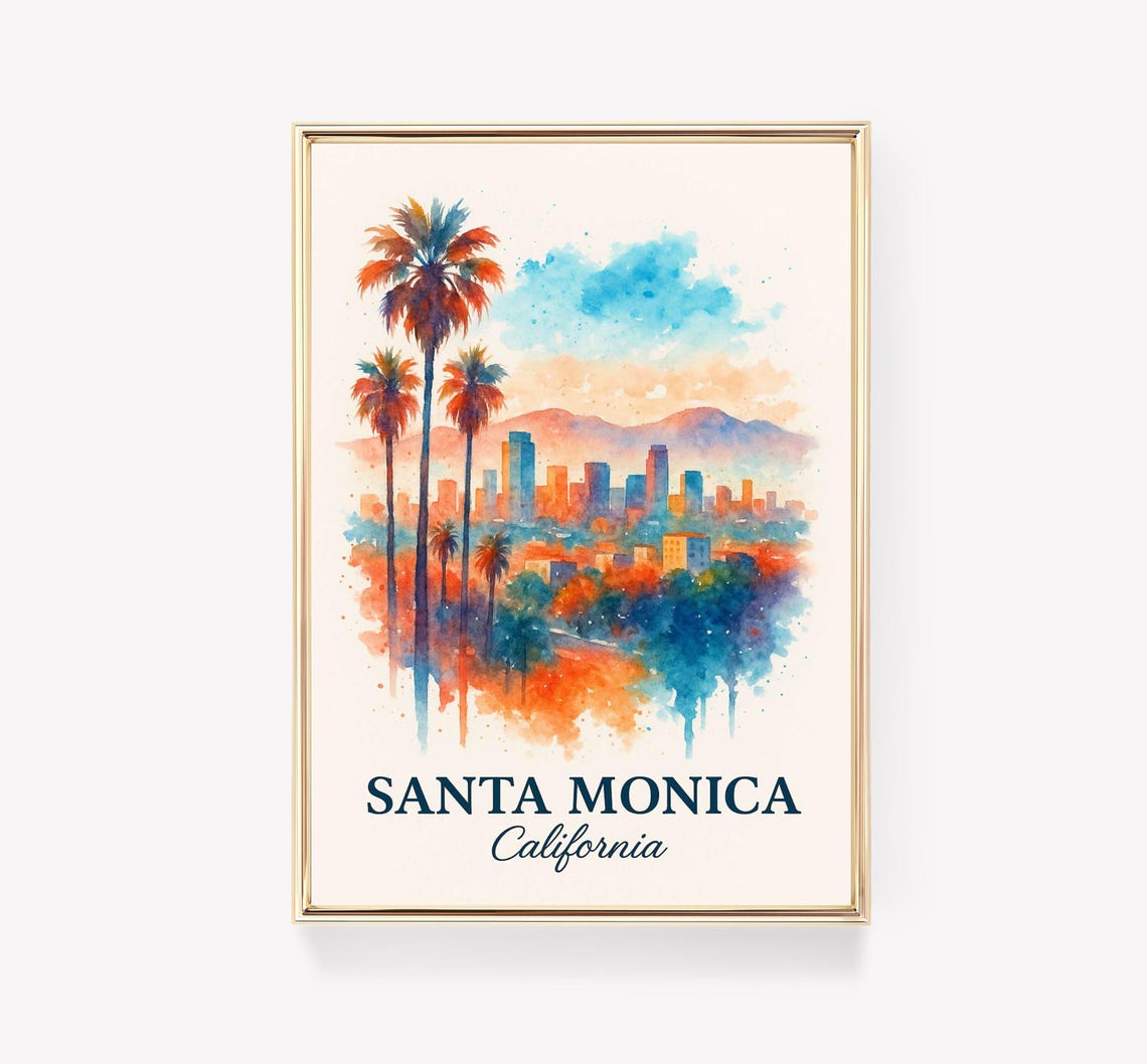 Santa Monica California Palm Trees Skyline Watercolor Art Poster