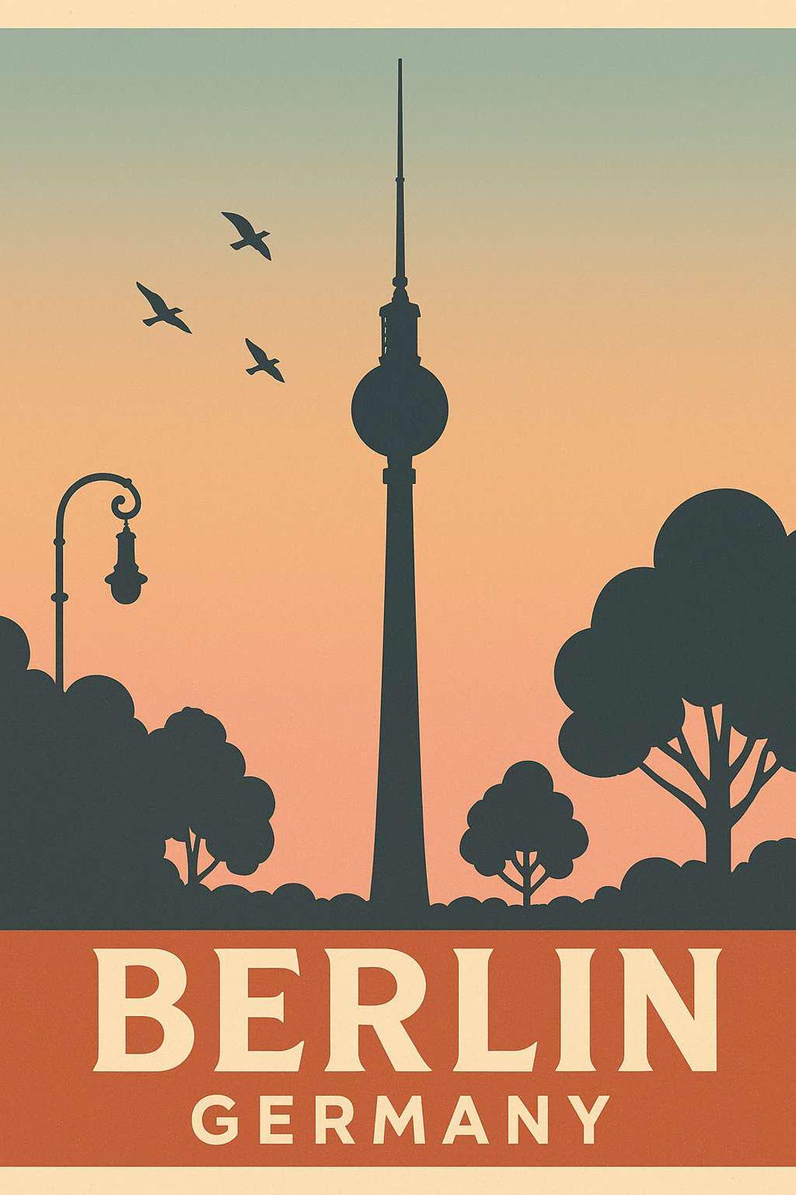 Berlin Germany TV Tower Sunset Silhouette Vintage Travel Poster