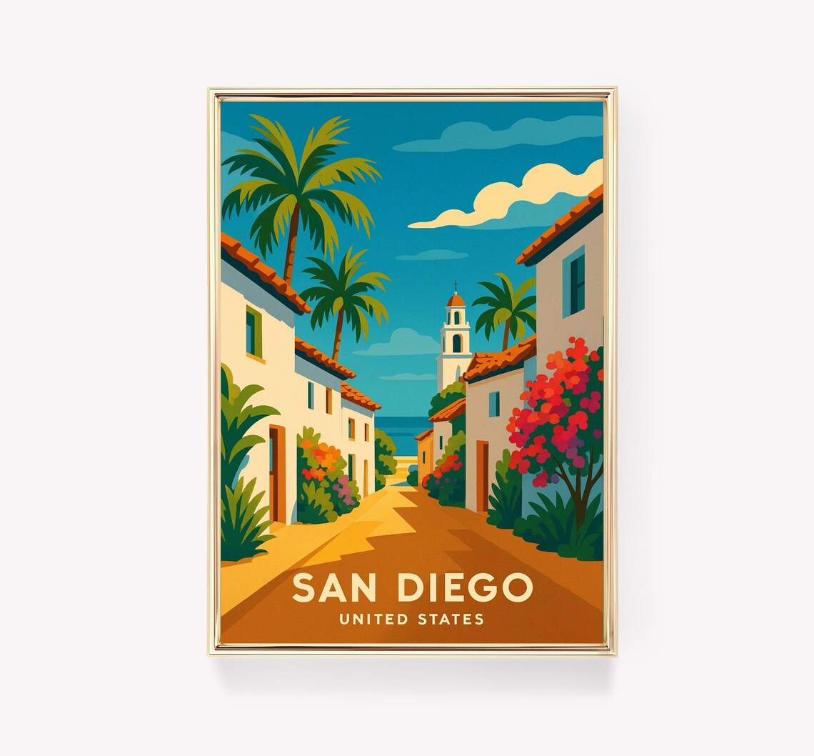 San Diego United States Vintage Palm Street Beach Travel Poster