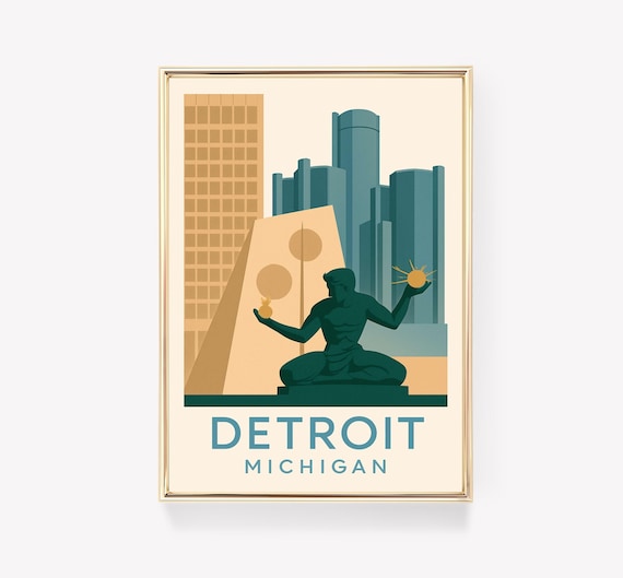 Detroit Travel Poster Michigan Wall Art Vintage Print Cityscape Decor Gift