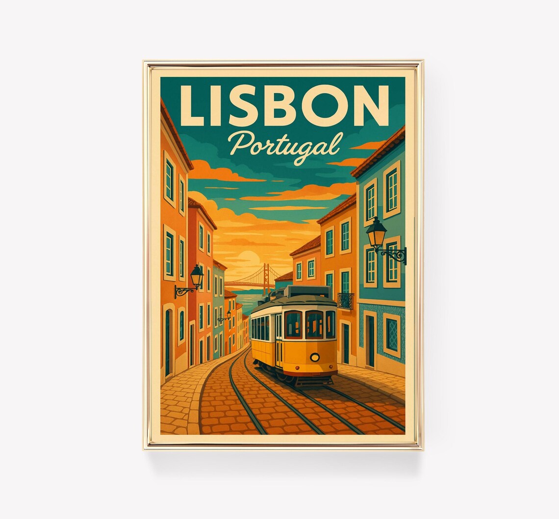 Lisbon Portugal Vintage Yellow Tram Street Sunset Travel Art Poster