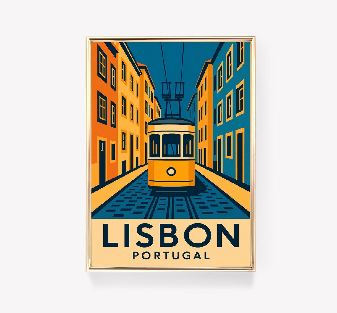 Lisbon Portugal Vintage Yellow Tram Street Retro Travel Poster