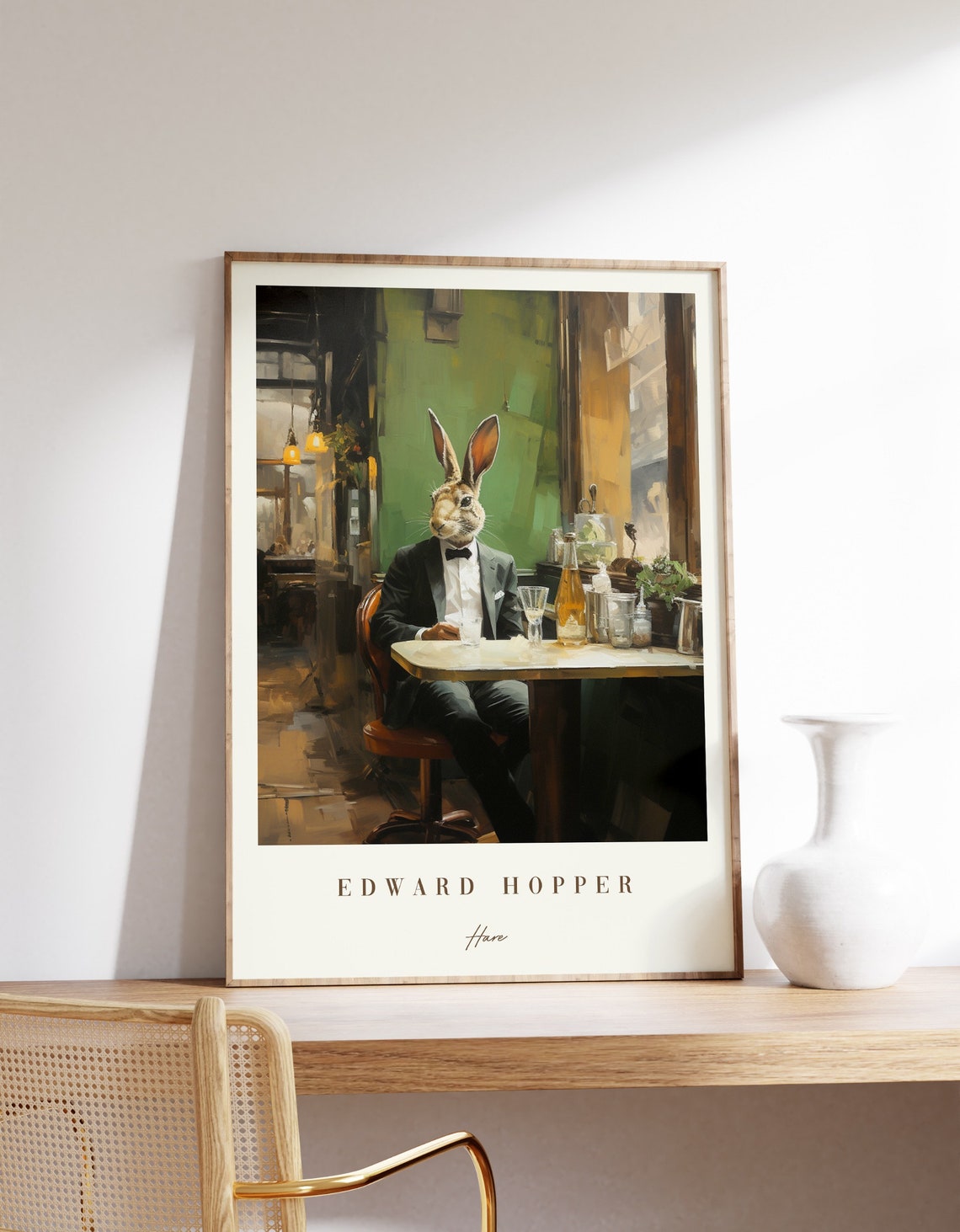 Edward Hopper Style Hare in Tuxedo Cafe Bar Animal Art Print