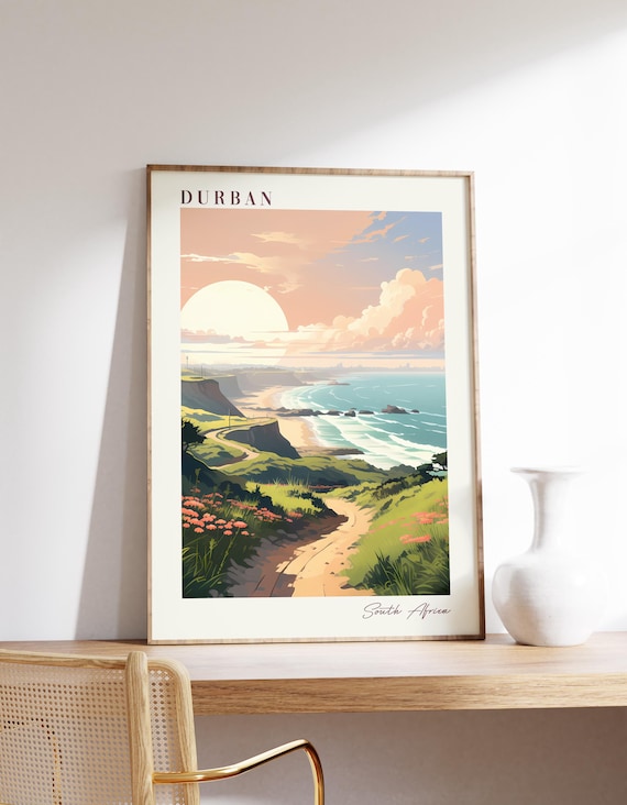 Durban South Africa Golden Sunset Coastal Cliffs Beach Travel Poster