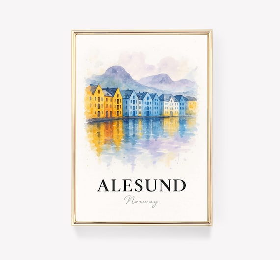 Alesund Norway Watercolor Travel Poster Harbor Houses Mountains Decor