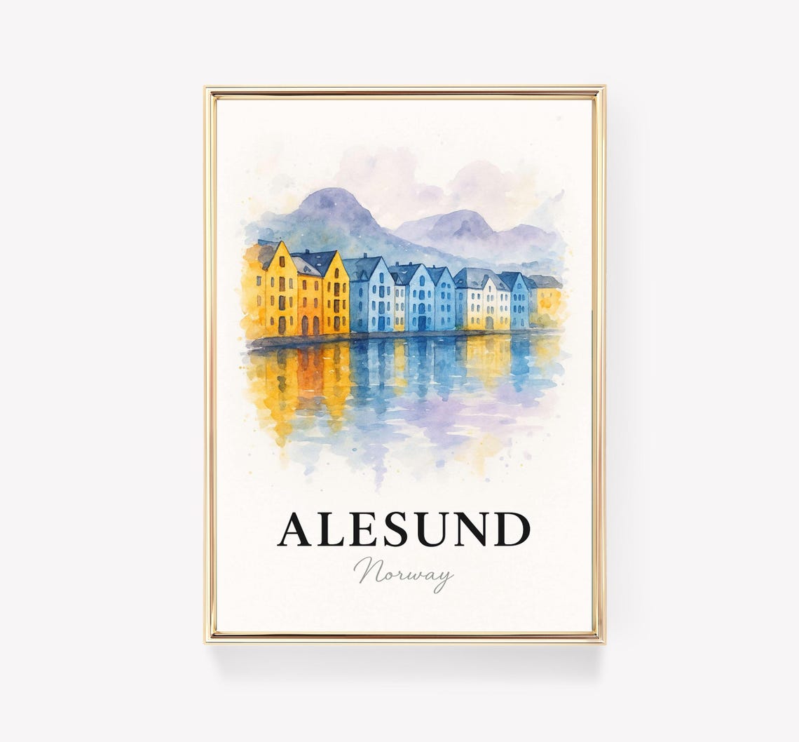 Alesund Norway Watercolor Travel Poster Harbor Houses Mountains Decor