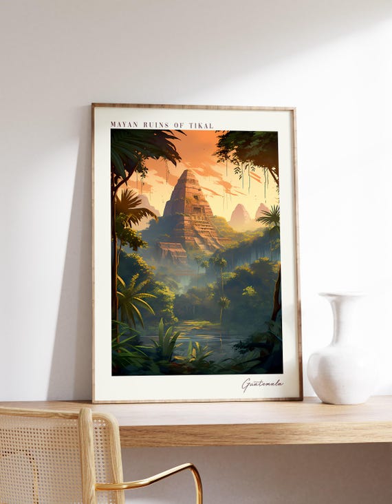 Mayan Ruins Of Tikal Travel Poster Guatemala Decor Print