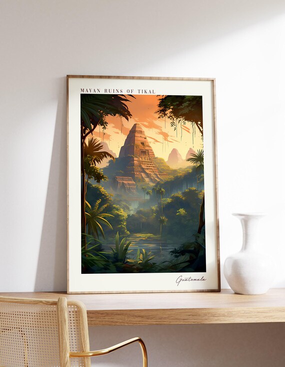 Mayan Ruins Tikal Guatemala Jungle Pyramid Sunset Travel Poster