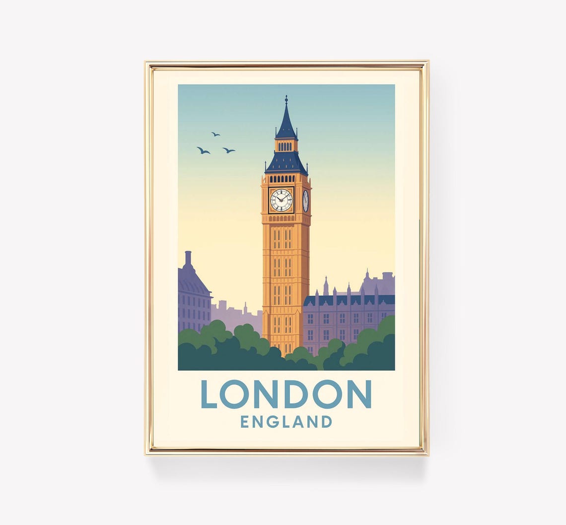 London England Big Ben Iconic Clock Tower Vintage Travel Poster