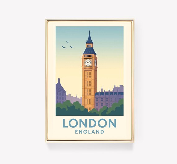 London England Big Ben Iconic Clock Tower Vintage Travel Poster
