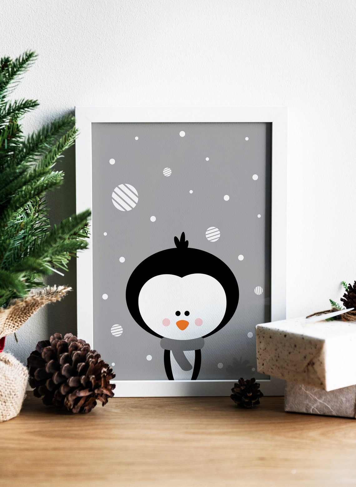 Cute Penguin Wearing Gray Scarf In Snow Winter Christmas Nursery Print - Image 2