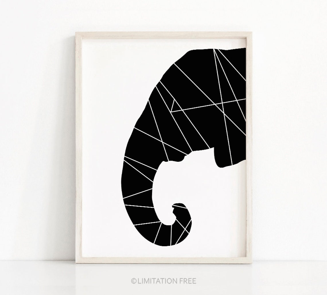 Geometric Black And White Elephant Head Silhouette Modern Wall Art