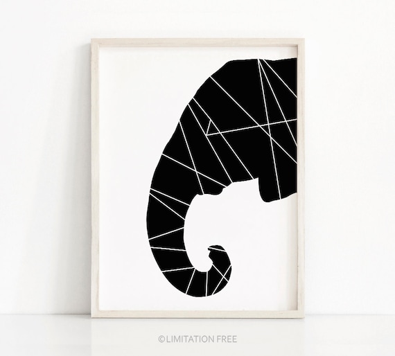 Geometric Black And White Elephant Head Silhouette Modern Wall Art