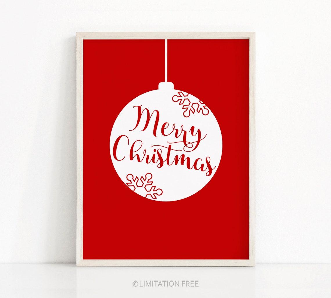 Merry Christmas Red Bauble Ornament White Script Holiday Wall Print