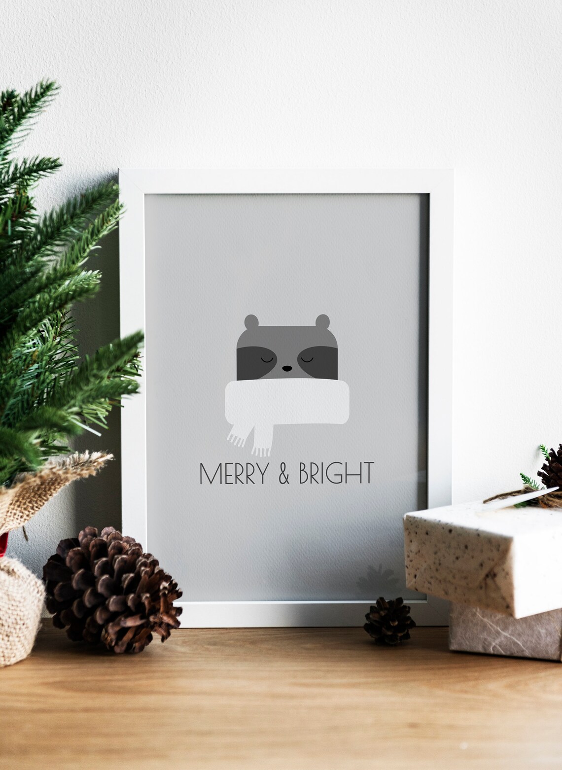 Cute Raccoon In White Scarf Merry And Bright Gray Nursery Wall Print - Image 4