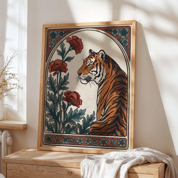 Art Nouveau Tiger Poster, Floral Botanical Decor