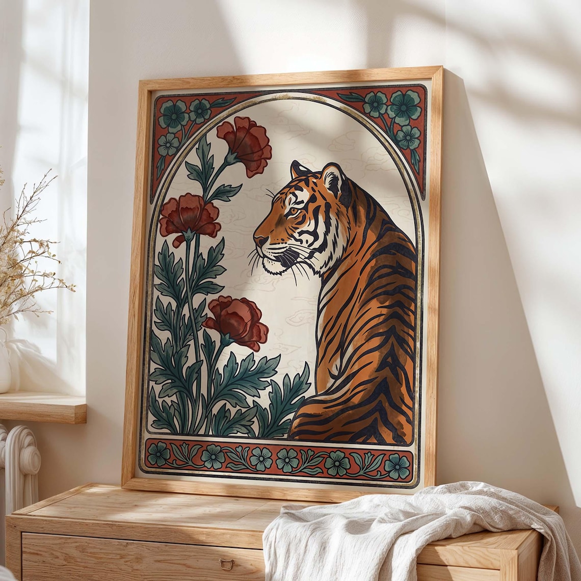 Art Nouveau Tiger Poster, Floral Botanical Decor