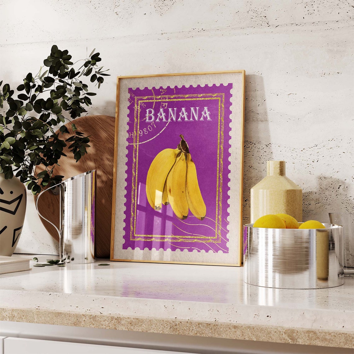 Banana Bunch Vintage Postage Stamp Design on Purple Background Poster - Image 4