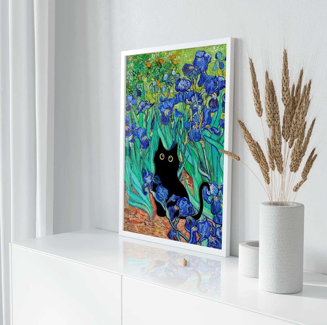 Van Gogh Irises With Black Cat Hidden Among Blue Blooms Poster - Image 2