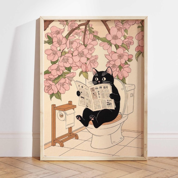 Black Cat Reading Newspaper on Toilet Cherry Blossom Funny Art Poster