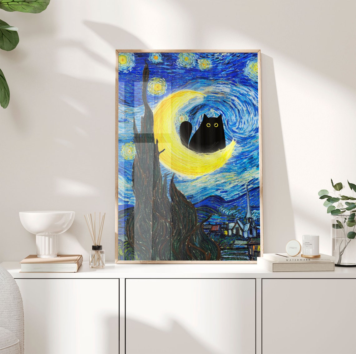 Van Gogh Starry Night Black Cat Sitting On Crescent Moon Poster - Image 3