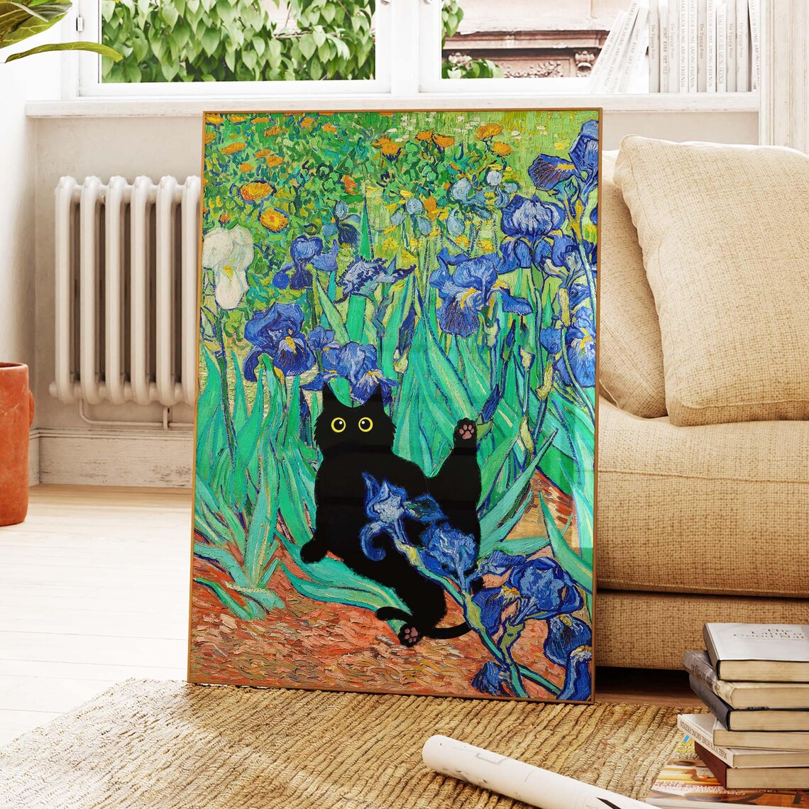 Black Cat Lounging Among Van Gogh Irises in a Funny Floral Art Poster
