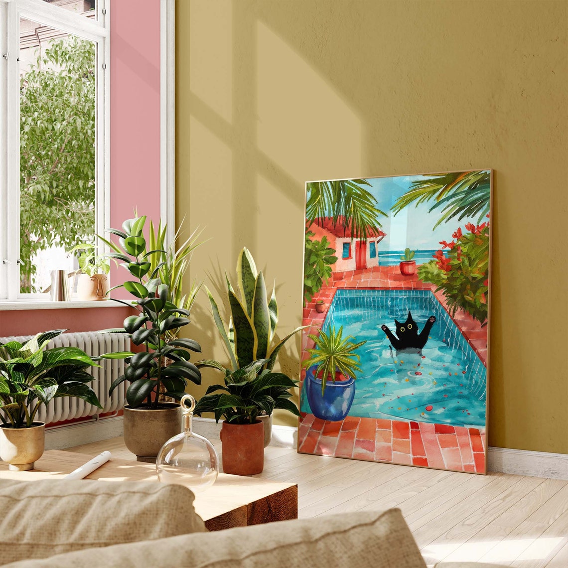 Black Cat Splashing in a Tropical Villa Swimming Pool Poster - Image 2