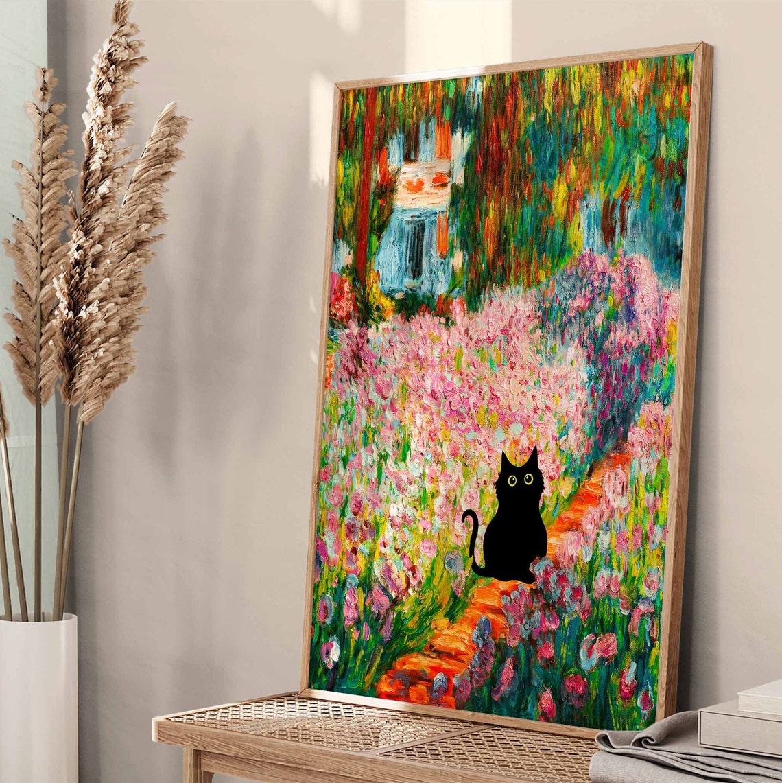 Black Cat Strolling Through Monet Style Iris Garden Art Poster - Image 4