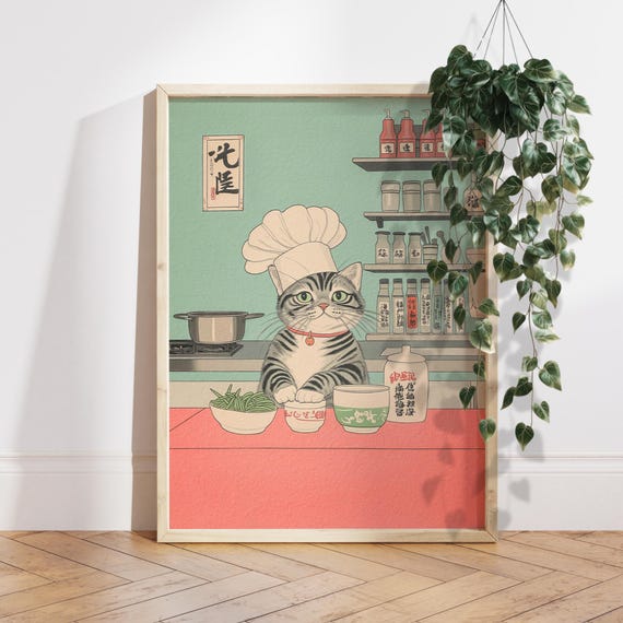 Grey Tabby Cat In A Chefs Hat Kitchen Art Print