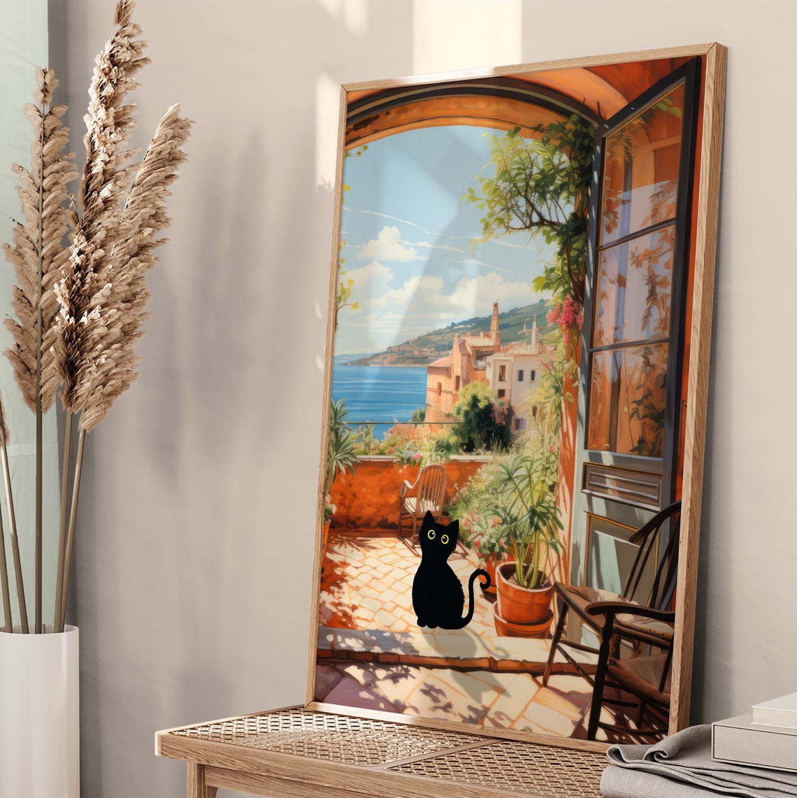 Black Cat on Sunny Mediterranean Sea Terrace Open Window Poster - Image 4