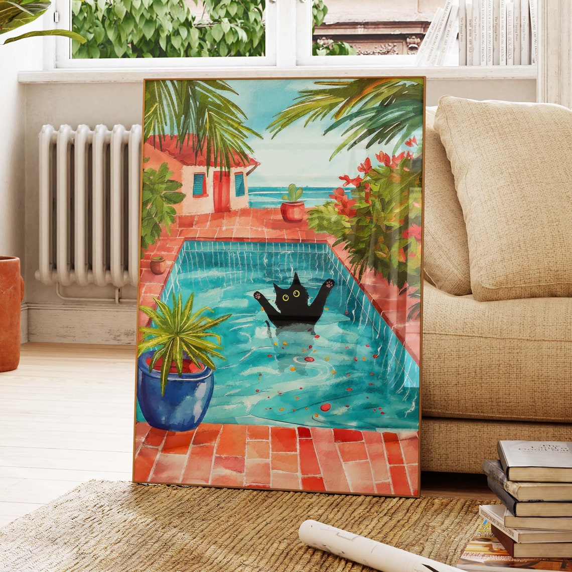Black Cat Splashing in a Tropical Villa Swimming Pool Poster