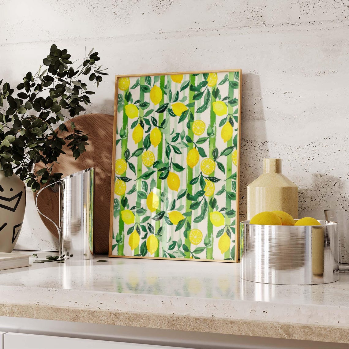 Yellow Lemons And Green Leaves Watercolor Citrus Pattern Poster - Image 4