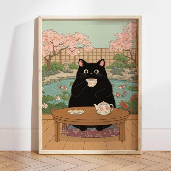 Black Cat Japanese Tea Art Print, Sakura Koi Pond