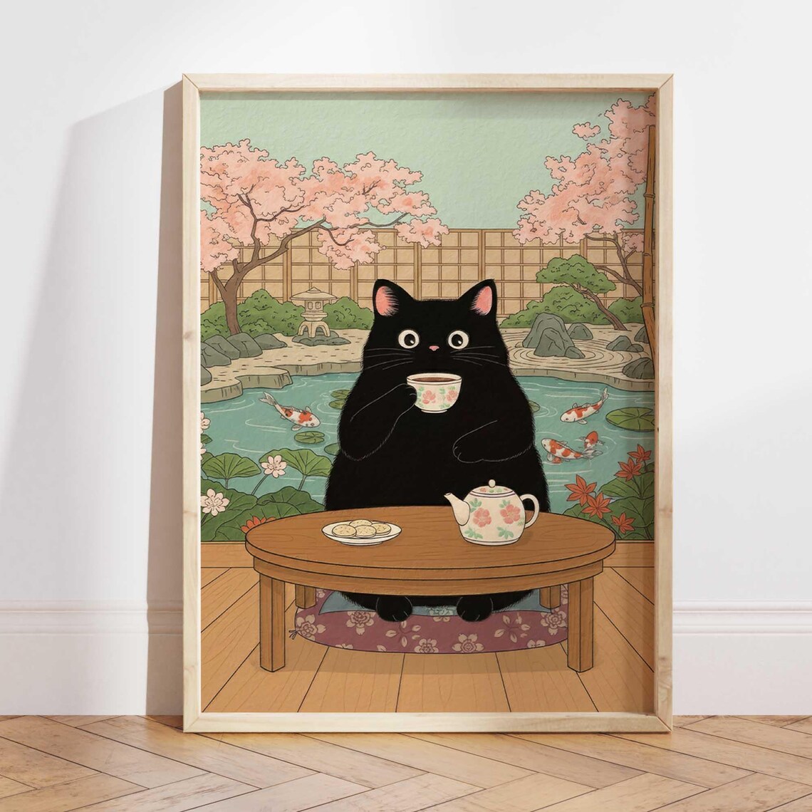 Black Cat Japanese Tea Art Print, Sakura Koi Pond
